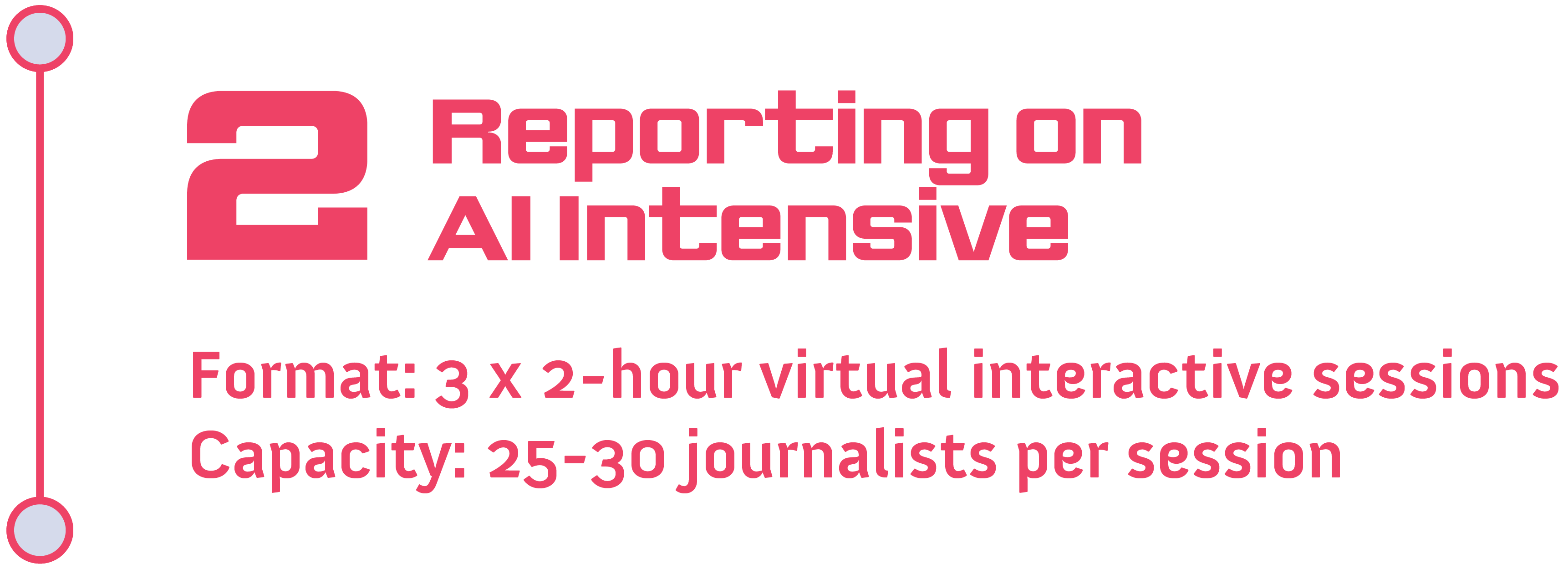 Track 2: Reporting on AI Intensive<br />
Format: 3x2-hour virtual interactive sessions<br />
Capacity: 25-30 journalists per session