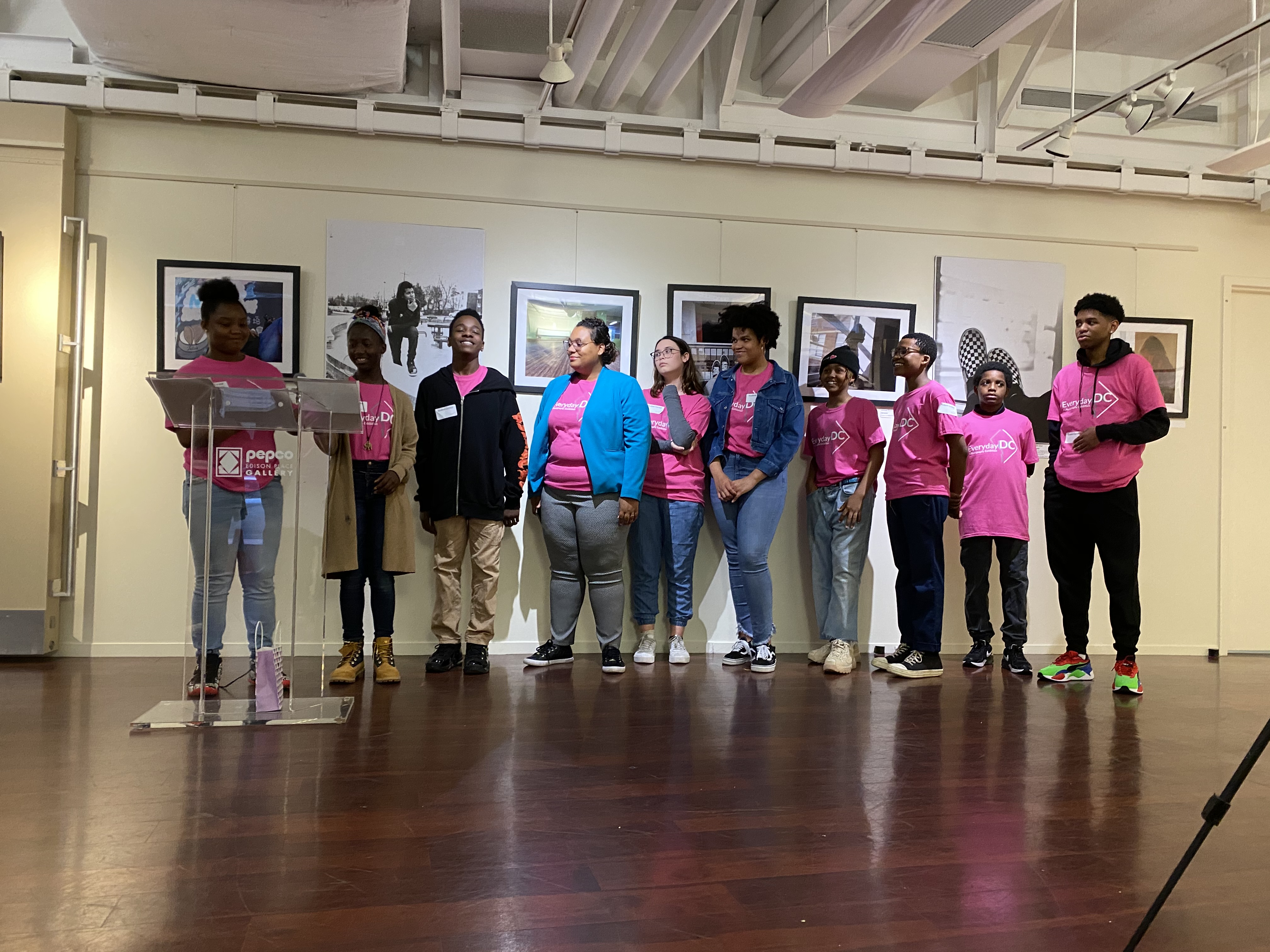 The Everyday DC student curators give their opening address, outlining the exhibition's background, aims, as well as their curation process. Photo by Lea Waldridge. Media file: l3.jpg
