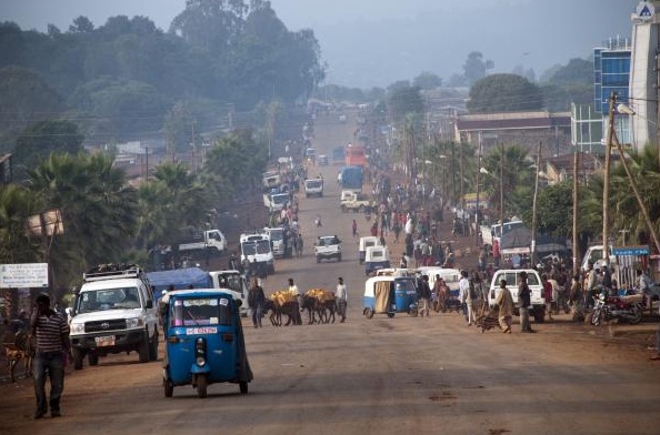 Taxis and donkeys vie for space on a busy street in Sodo. Image by Michael Tsegaye. Ethiopia, 2011.