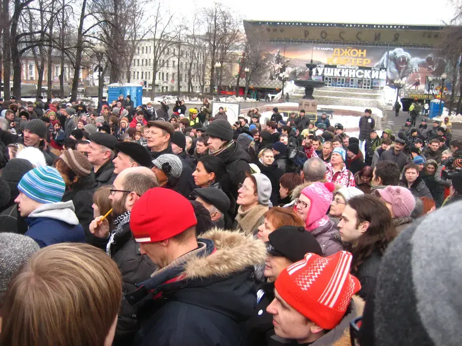 A protest at Moscow's Pushkin Square on Saturday, March 18 drew several hundred people who were upset with NTV's coverage of the opposition and planned to gather at the station's headquarters the next day. Image by Joshua Yaffa. Russia, 2012. Media file: -2.jpg