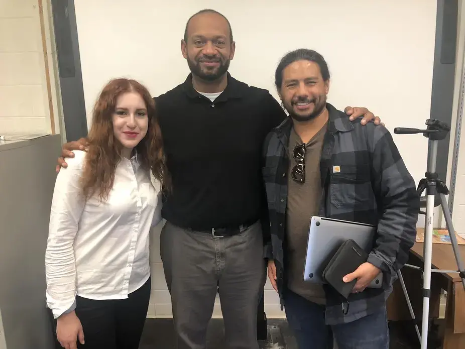 Isadora Kosofsky, Orr Academy teacher Tracy Johnson, and Brian Frank after a day of presentations. Image by Hannah Berk. United States, 2019.