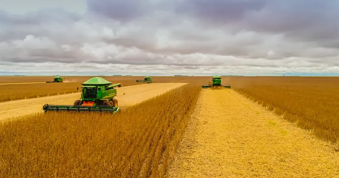 Positioning of agricultural machinery during the soybean harvest in Chapadão do Sul, Mato Grosso do Sul. Image by Shutterstock. Brazil, February 27, 2020. Positioning of agricultural machinery during the soybean harvest in Chapadão do Sul, Mato Grosso do Sul. Image by Shutterstock. Brazil, February 27, 2020.