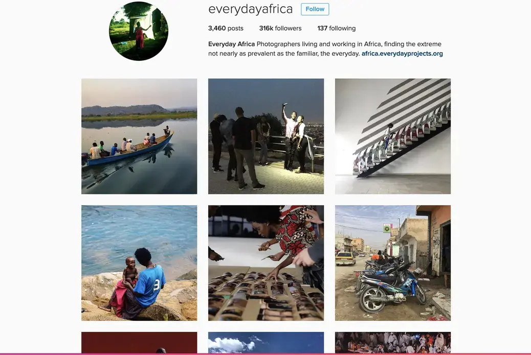 Screenshot of Everyday Africa Instagram website, 2017. A screen shot of Everyday Africa's Instagram feed, showing a collection of new photographs of Africans living their lives on the continent.