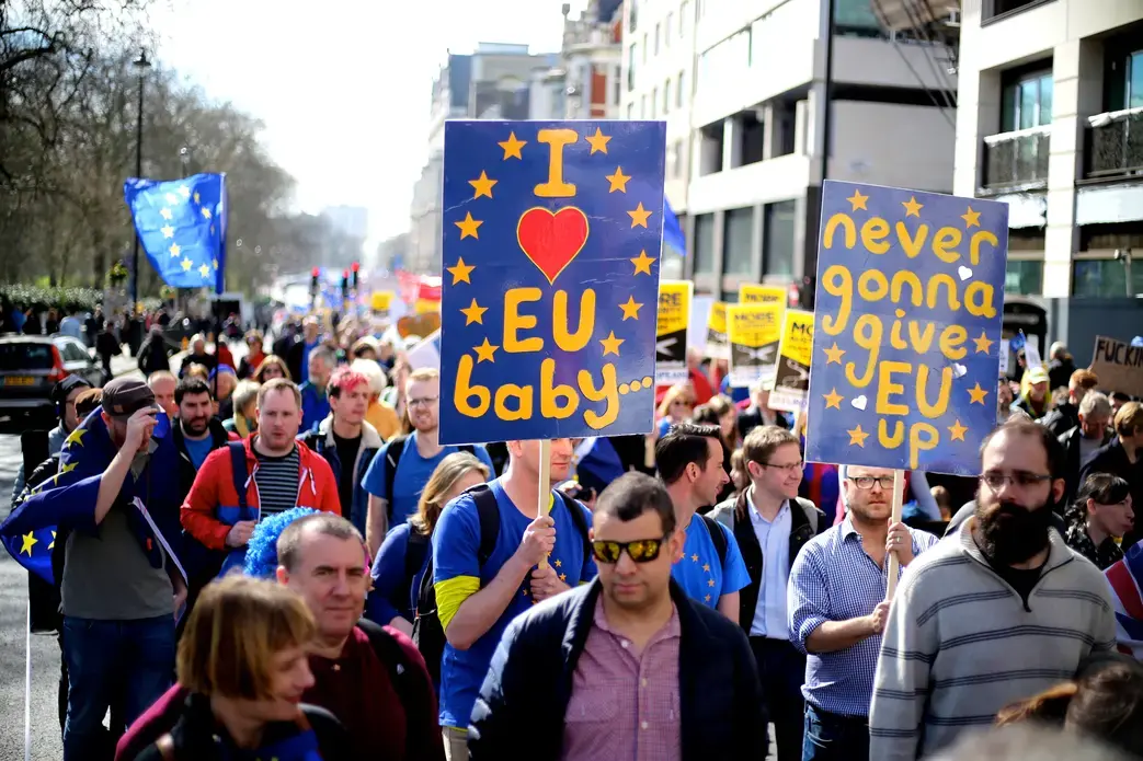 The pro-EU march from Hyde Park to Westminster in London on March 25, 2017, to mark 60 years since the EU's founding agreement, the Treaty of Rome. Image by Ilovetheeu. United Kingdom, 2017. The pro-EU march from Hyde Park to Westminster in London on March 25, 2017, to mark 60 years since the EU's founding agreement, the Treaty of Rome. Image by Ilovetheeu. United Kingdom, 2017.