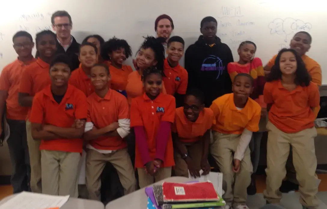Pulitzer Center Grantee Dominic Bracco and Education Director Mark Schulte visit Brookland Middle School to teach sixth graders about the Latin American migration crisis. Image by Elana Dure. Washington D.C., 2016. Media file: fullsizerender_1.jpg