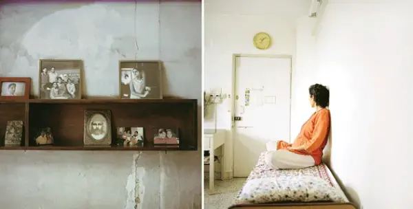 Left: Family photos in a Parsi home. Right: Parveen Pavri (not her real name) in the living room of her apartment. Image by Chiara Goia. India, 2015. Media file: parsi.png