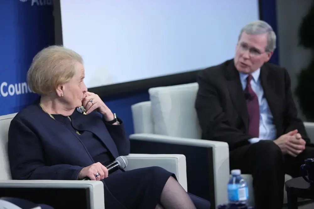 Former Secretary of State Madeleine Albright and former National Security Advisor Stephen Hadley discuss a new approach to the Middle East at the Atlantic Council. Image courtesy of Atlantic Council/Victoria Langton. Washington, D.C., 2016. Former Secretary of State Madeleine Albright and former National Security Advisor Stephen Hadley discuss a new approach to the Middle East at the Atlantic Council. Image courtesy of Atlantic Council/Victoria Langton. Washington, D.C., 2016.
