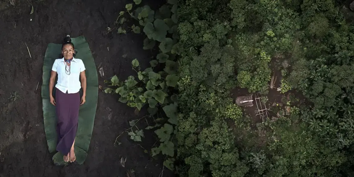 Verónica é uma indígena achuar que trabalha como parteira em uma cultura em que, segundo ela, as mulheres têm vergonha de dar à luz. À esquerda, Verónica deitada no chão. À direita, o jardim de plantas medicinais, onde ele cultiva plantas ancestrais para tratar seus pacientes. Imagem de Pablo Albarenga. Equador, 2019.