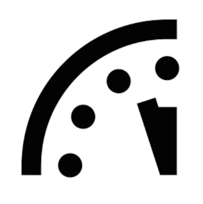 The Doomsday clock, the logo of The Bulletin of the Atomic Scientists, showing two and a half minutes to midnight. The Doomsday clock, the logo of The Bulletin of the Atomic Scientists, showing two and a half minutes to midnight.