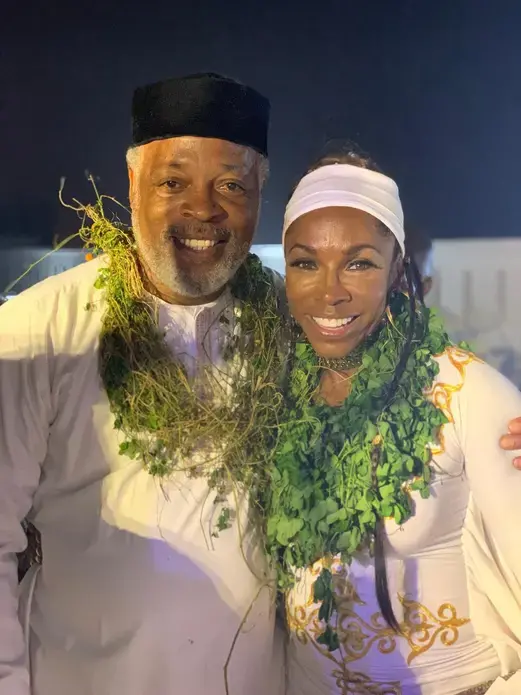 Kohain Halevi greets actress AJ Johnson. Halevi, a New York native, has lived in Ghana 25 years. Image by Kohain Halevi. Ghana, 2020.