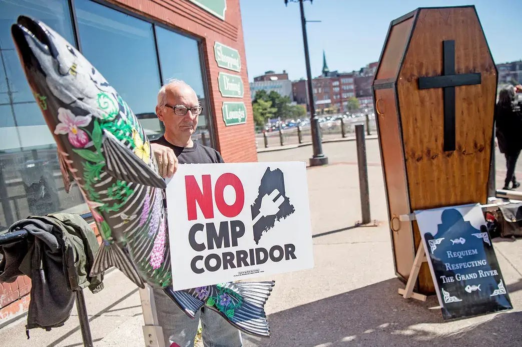Eldred Davis protests the New England Clean Energy Connect corridor during a demonstration in Saint John, New Brunswick, Canada, on Sept. 9, 2019. Image by Michael G. Seamans. Canada, 2019. Eldred Davis protests the New England Clean Energy Connect corridor during a demonstration in Saint John, New Brunswick, Canada, on Sept. 9, 2019. Image by Michael G. Seamans. Canada, 2019.