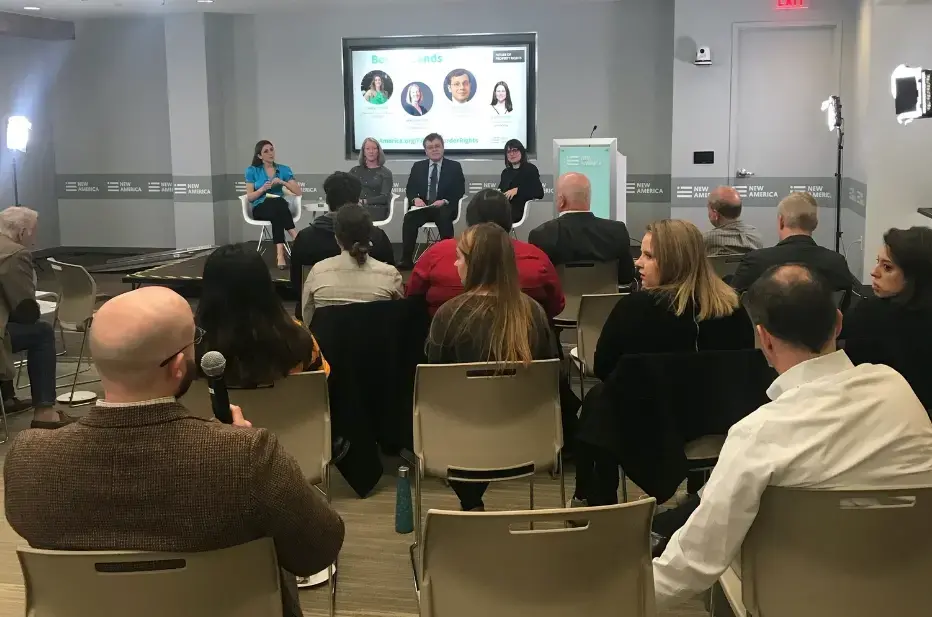 Left to right: Yuliya Panfil, Mary McCord, Ilya Somin, and Kiah Collier at the New America headquarters in Washington, D.C. Image by Elana King-Nakaoka. 2019.