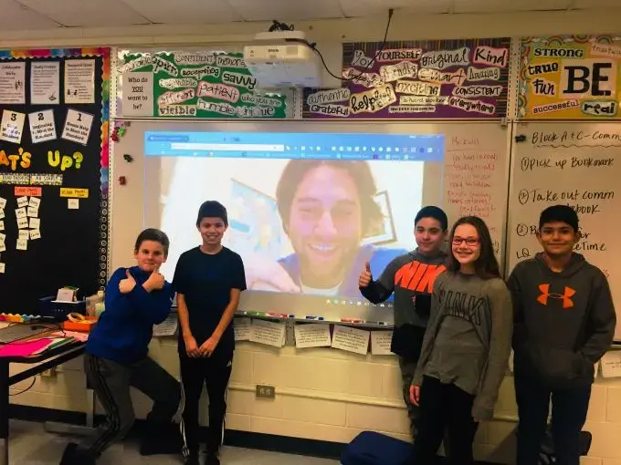 Jahd Khalil dials in from Cairo to speak with Jack London Middle School 6th graders. Image courtesy of Tracy Crowley. United States, 2018. Media file: 20190325_commonsense-event.png