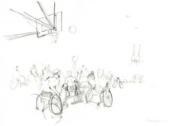 The ICRC runs a wheelchair basketball program for men and women. It is brilliantly competitive and a great spectator sport. Illustration by George Butler. Afghanistan, 2014. Media file: wheelchair_basketball.jpg