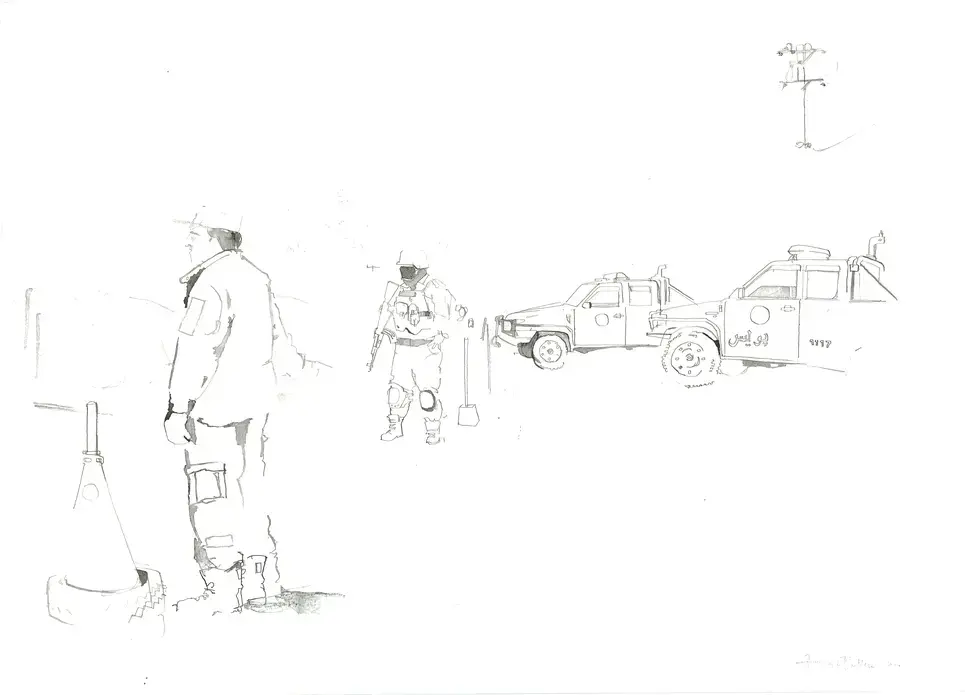 Checkpoint. I had been given permission by the Chief of Police of Kabul’s District 10 to draw at one of their checkpoints. These have become commonplace due to the heightened security risk. With this in the back of my mind I drew quickly and this was all I finished before deciding it was time to leave. Westerners and the police force were high up on the list of targets and the two together would have at some stage attracted unwanted attention. Image by George Butler. Afghanistan, 2014. Media file: checkpointkabel.jpg