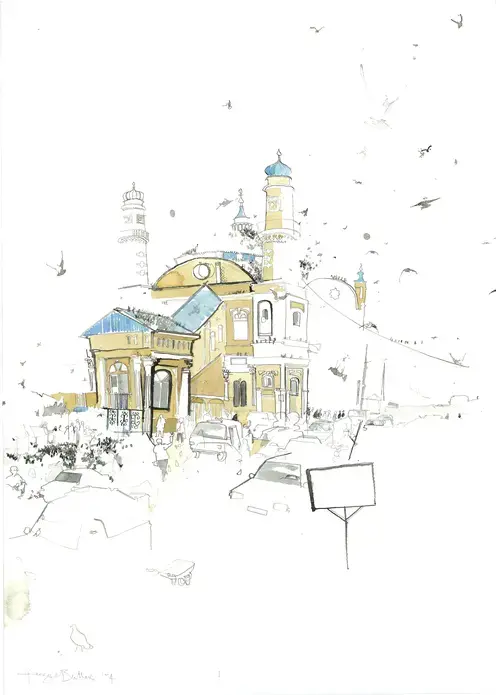 Shah-e-Doh Shamshira Masjid Among the buildings that haven’t been destroyed by the fighting over the last 30 years have been the mosques. The Shah-e-Doh Shamshira Masjid (Mosque of the King of Two Swords) is one of the most recognisable, right on the edge of the filthy Kabul River and covered in pigeons which are fed on the street. It is quite a spectacular sight when in their hundreds they circle the minarets. Image by George Butler. Afghanistan, 2014. Media file: shah_mosque.jpg