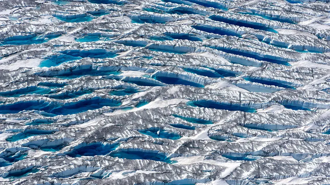 Meltwater fills bus-sized fractures near the edge of the Greenland Ice Sheet, while dust and algae darken adjacent ice. Image by Eli Kintisch. Greenland, 2017. Meltwater fills bus-sized fractures near the edge of the Greenland Ice Sheet, while dust and algae darken adjacent ice. Image by Eli Kintisch. Greenland, 2017.