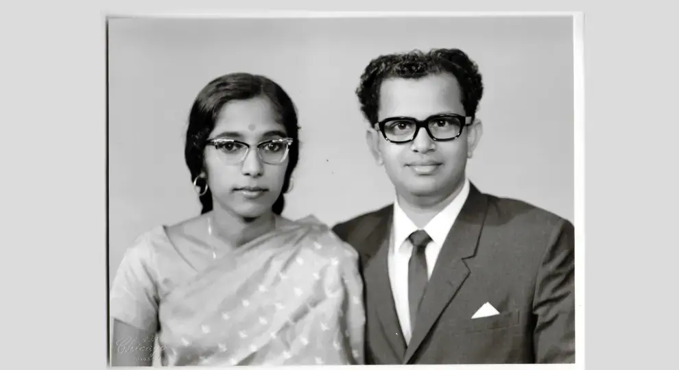 Studio photo of Indira and Bala Pillay. The Pillays lived in Singapore for a year before deciding to immigrate to the U.S. Image courtesy of Kavita Pillay/WGBH News. Studio photo of Indira and Bala Pillay. The Pillays lived in Singapore for a year before deciding to immigrate to the U.S. Image courtesy of Kavita Pillay/WGBH News.