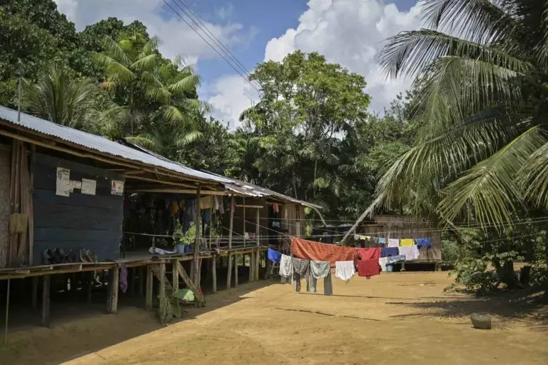 The indigenous people of Timbó live in raised wooden houses to protect themselves from snakes and wild animals. Image by Luis Ángel. Colombia, undated.