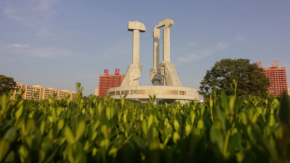 In Pyongyang, North Korea, a view of the towering monument dedicated to the symbol of the Workers Party of Korea. Image by Laya Maheshwari. North Korea, 2018.