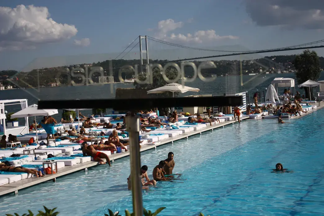 The Europe-Asia border marker at a club on an island in the middle of the Bosphorus. Image by Joshua Kucera. Turkey, 2016. The Europe-Asia border marker at a club on an island in the middle of the Bosphorus. Image by Joshua Kucera. Turkey, 2016.
