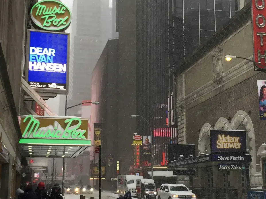 Even amid inches of snow and sub-zero temperatures, Dear Evan Hansen continues to sell out at the Music Box Theatre, located on 45th Street in New York City. Image by Sarah Shevenock. United States, 2018. Even amid inches of snow and sub-zero temperatures, Dear Evan Hansen continues to sell out at the Music Box Theatre, located on 45th Street in New York City. Image by Sarah Shevenock. United States, 2018.