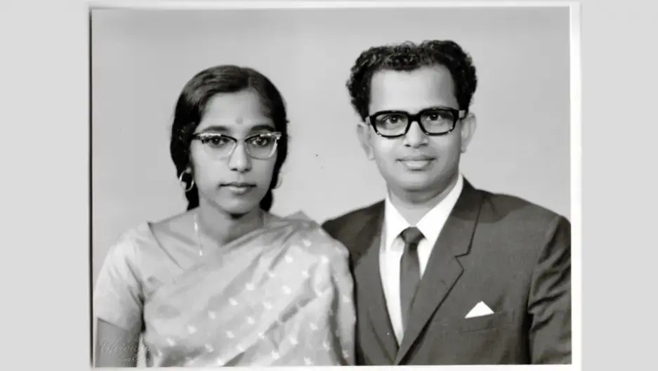 Studio photo of Indira and Bala Pillay. The Pillays lived in Singapore for a year before deciding to immigrate to the U.S. Image courtesy of Kavita Pillay/WGBH News. Studio photo of Indira and Bala Pillay. The Pillays lived in Singapore for a year before deciding to immigrate to the U.S. Image courtesy of Kavita Pillay/WGBH News.