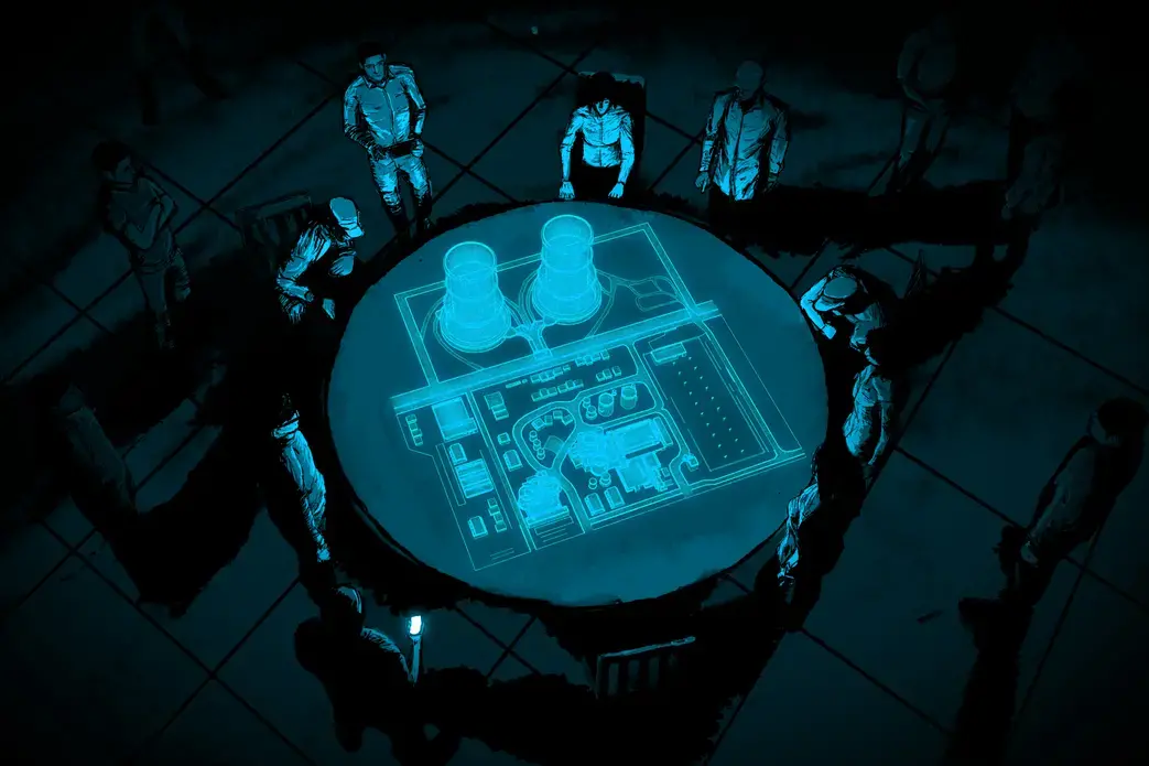 A graphic illustration of people sizing up a model of a nuclear power plant. Graphic art by Alex Castro and William Joel, The Verge, Vox Media, Inc. United States, 2018.