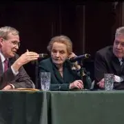 Former National Security Advisor Stephen Hadley, former Secretary of State Madeleine Albright, and Pulitzer Center Executive Director Jon Sawyer at Washington University discussing "A New Approach to the Middle East." Image by Lauren Shepherd. United States, 2017.