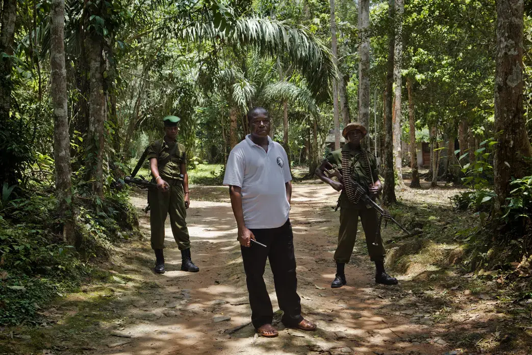 Bernard Iyomi Iyatshi, the new director of the Wildlife Authority in the Ituri rainforest, stands with two heavily armed park rangers at their base in Epulu, Mambasa territory. Image by Francesca Tosarelli. Province Orientale, DRC, 2013. Media file: _MG_2284.jpg