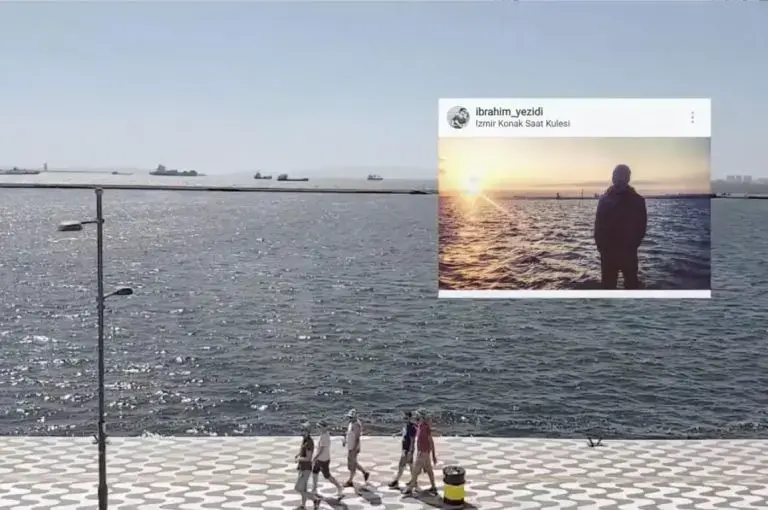 A shot of video footage of Izmir, Turkey, overlaid with images posted by refugees on Instagram from those same sites. Image by Tomas van Houtyryve. Turkey, 2016.