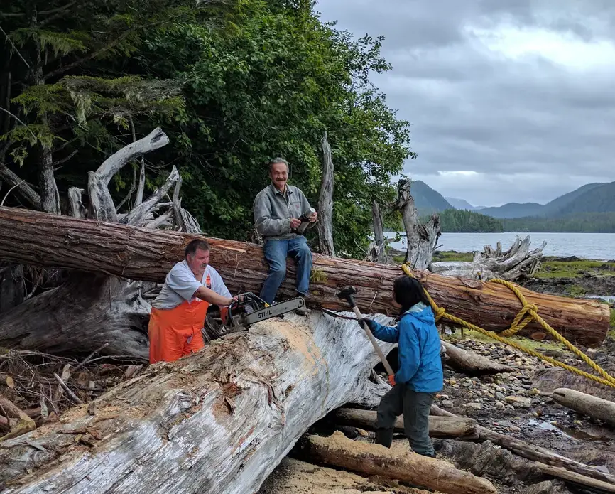 Gitxsan activists on contested Lelu Island preparing a red cedar log as a totem pole -- the sign that they are claiming the island in the face of the Canadian government. Image by Saul Elbein. Canada, 2017.
