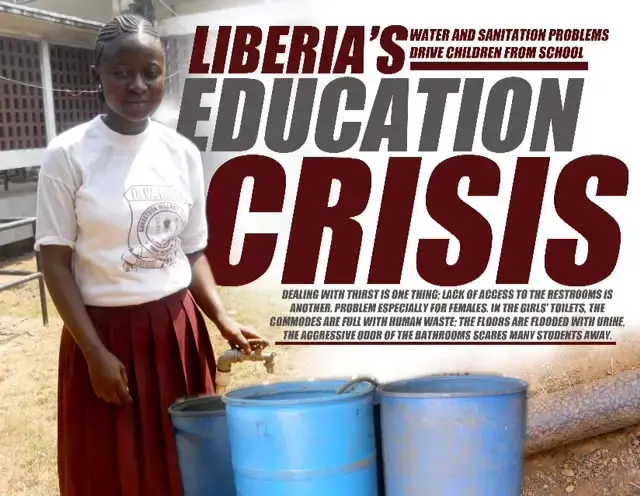 Dealing with thirst is one thing; lack of access to the restrooms is another. School bathrooms are so bad they scare many students away. Image by Tecee Boley/Graphic by FrontPage Africa. Liberia, 2013. Media file: edu-crisis2.jpg