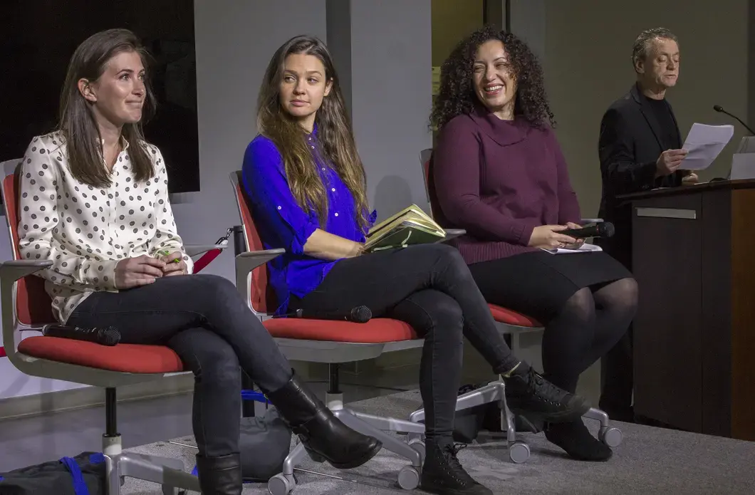 Journalists Cassandra Vinograd, Natalie Keyssar and Hannah Allam speak about reporting in conflict zones at American University in Washington, D.C. Image by Lauren Shepherd. United States, 2017.