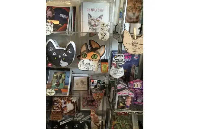 No cat cafe would be complete without a cat-themed giftshop featuring everything from
postcards and T-shirts to cat pillows and Crazy Cat Lady action figures. Image by Meagan Phillips. United States, 2016. Media file: cat_pic1.jpg