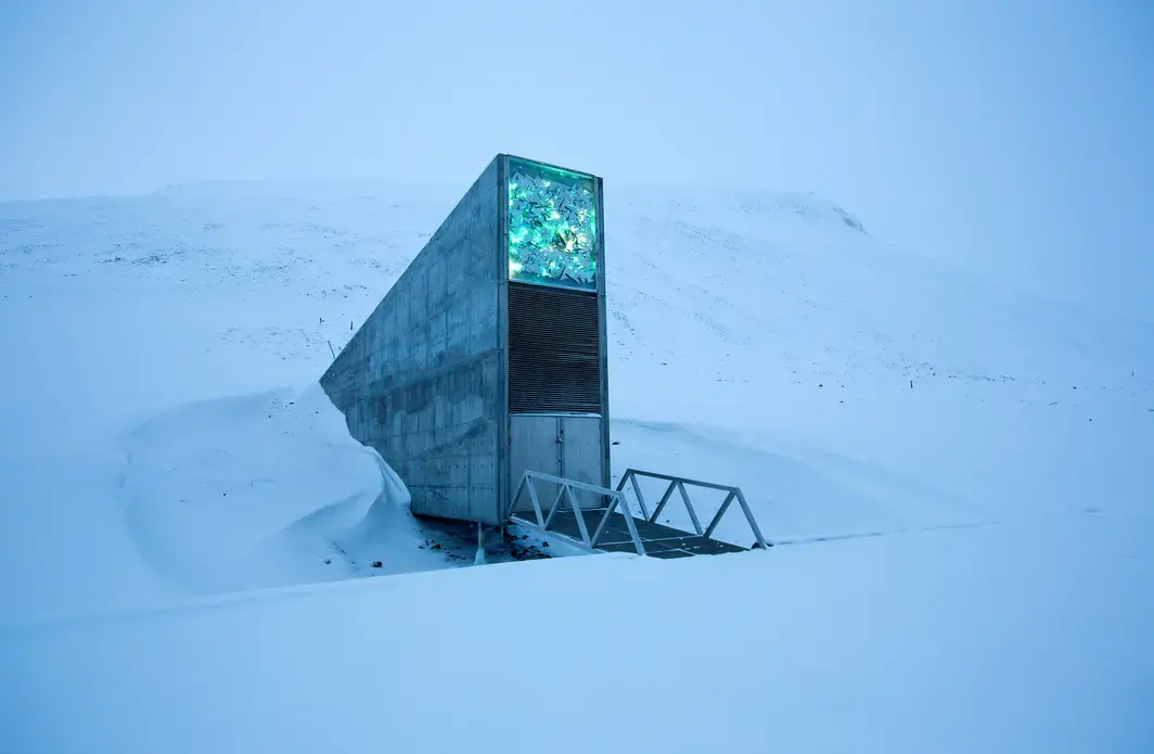 The Global Seed Vault on Spitsbergen, part of Norway’s Svalbard archipelago above the Arctic Circle. Over 930,000 varieties of food crops are stored in its icy depths. Image by Jennifer Duggan. Norway, 2017.