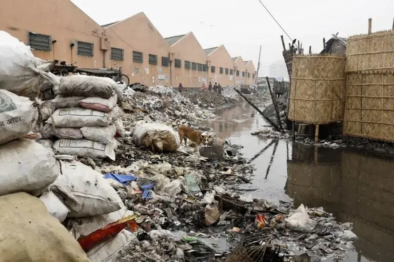 A creek outside a Dhaka tannery has banks covered in garbage and rotting animal hides. Image by Justin Kenny. Bangladesh, 2016.