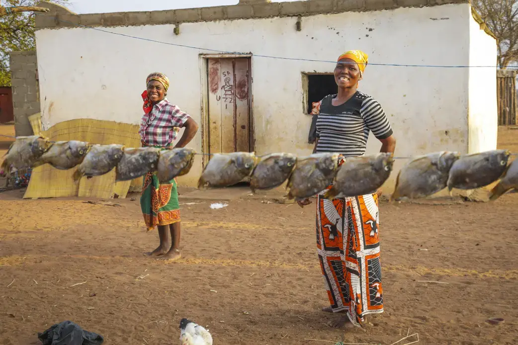 Women of the Mavoze community living inside the Limpopo National Park. Five communities await removal from the park. Image from AfricanDrone/Oxpeckers. Mozambique, 2018. Women of the Mavoze community living inside the Limpopo National Park. Five communities await removal from the park. Image from AfricanDrone/Oxpeckers. Mozambique, 2018.