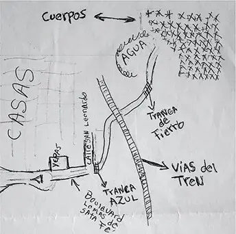 A map of the mass gravesite at Colinas de Santa Fe. Image by Jesse Alejandro Cottrell. Mexico, 2018. A map of the mass gravesite at Colinas de Santa Fe. Image by Jesse Alejandro Cottrell. Mexico, 2018.