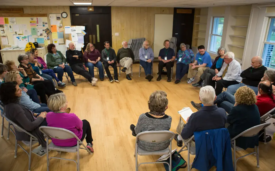 A meeting of one of the facilitated discussions between Massachusetts and Kentucky participants of Hands Across the Hills. Image by Chana Rose Rabinovitz. Massachusetts, 2017.