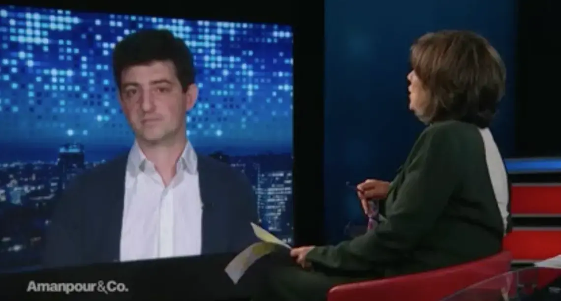Nathaniel Rich with Christiane Amanpour. Image courtesy of PBS Newshour. 2019. Nathaniel Rich with Christiane Amanpour. Image courtesy of PBS Newshour. 2019.