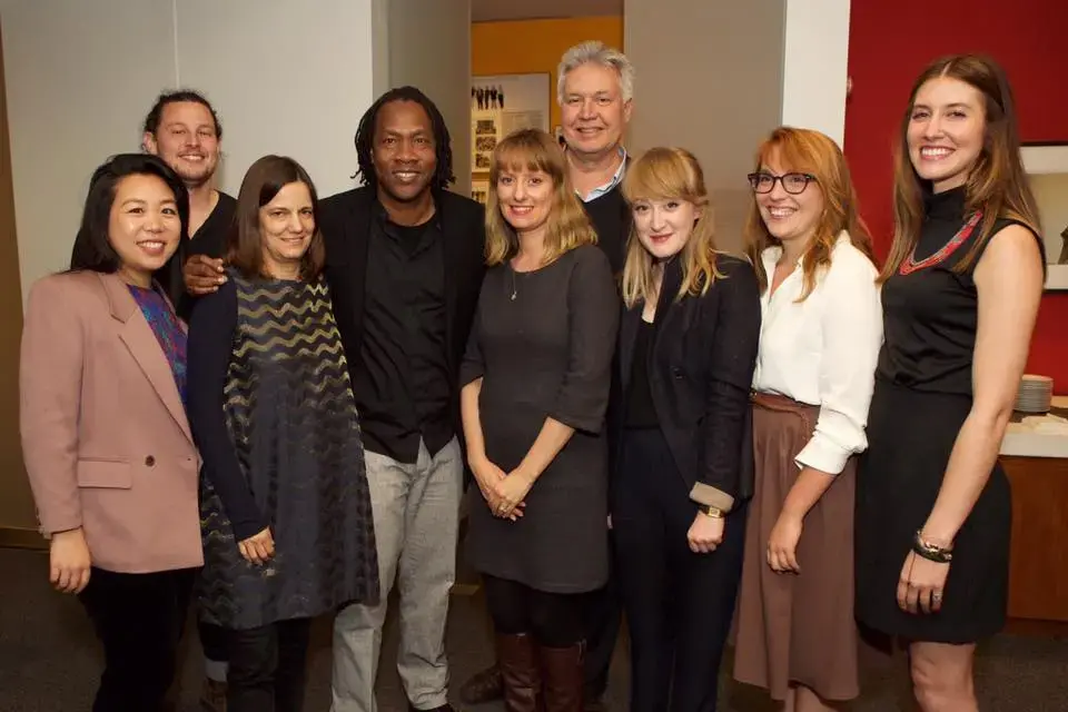 Filmmaker Leslie Tai (left) with jurors from the 2017 competition she won organized by the Pulitzer Center in collaboration with The New York Times Op-Docs and Tribeca Film Institute. Jurors from left to right: NYT Video Journalist Ben Solomon, TFI Executive Director Amy Hobby, director, writer and producer Roger Ross Williams, Op-Docs Executive Producer Kathleen Lingo with Pulitzer Center Executive Director Jon Sawyer. Also included are the competition's student winners (far right): Luisa Conlon, Lacy…