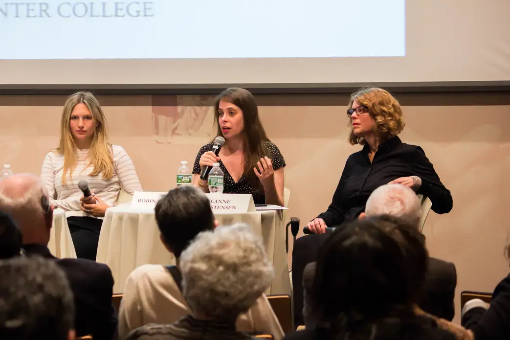 At Roosevelt House Public Policy Institute at Hunter College in New York, Pulitzer Center grantee journalists (left to right) Emily Kassie, Robin Shulman, and Jeanne Carstensen explore the current state of the refugee crisis following individual presentations. Image by Lauren Shepherd. United States, 2017. At Roosevelt House Public Policy Institute at Hunter College in New York, Pulitzer Center grantee journalists (left to right) Emily Kassie, Robin Shulman, and Jeanne Carstensen explore the current state of the refugee crisis following individual presentations. Image by Lauren Shepherd. United States, 2017.