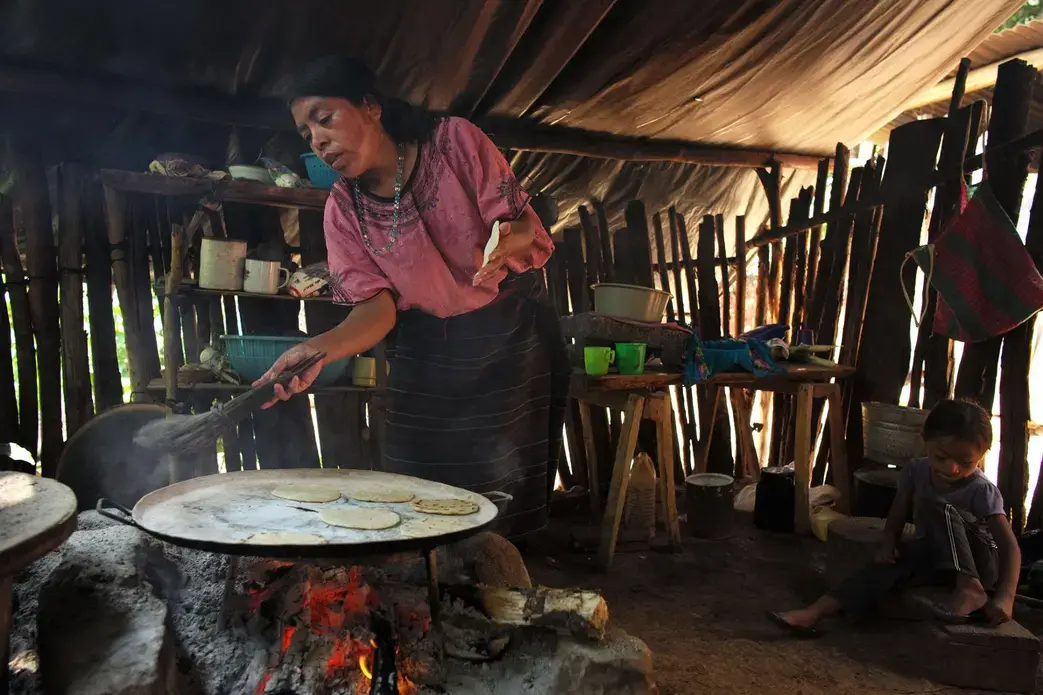 Fiorentina Hernandez, 37, has three children, two of whom have special needs—including Magda Noelia, 4 (right). Hernandez cooks breakfast over an open fire. “It’s smoky but this is how life is,” she says. She has a new cookstove but it's small and slow—and in the morning she doesn’t have the time. Image by Lynn Johnson. Guatemala, 2017.