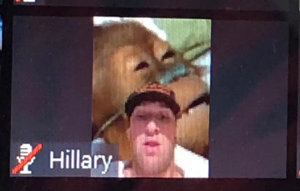 A “Zoombomber” infiltrates Dr. Spikes’ COM 216 class wearing a camouflage MAGA hat. Image courtesy of Grace Ward / The Davidsonian. United States, 2020.
