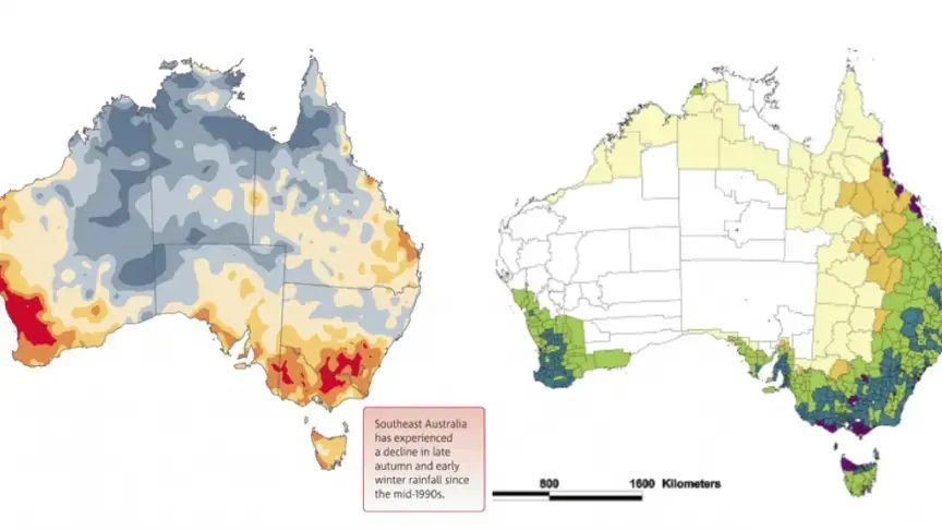 Southeastern and southwestern Australia have experienced some of the country’s most severe rainy season droughts over the last two decades (L). These are also some of the country’s most productive agricultural regions (R). Image courtesy of Australia Bureau of Meteorology (L), Australian Society of Agronomy (R). Media file: ausmapcrop2.jpg