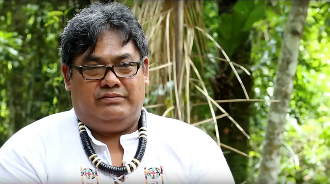 Toya Manchineri is interviewed in the series "Voices of the Forest: Forest Peoples Alliance." Image by Le Monde Diplomatique Brasil. Brazil, 2020.