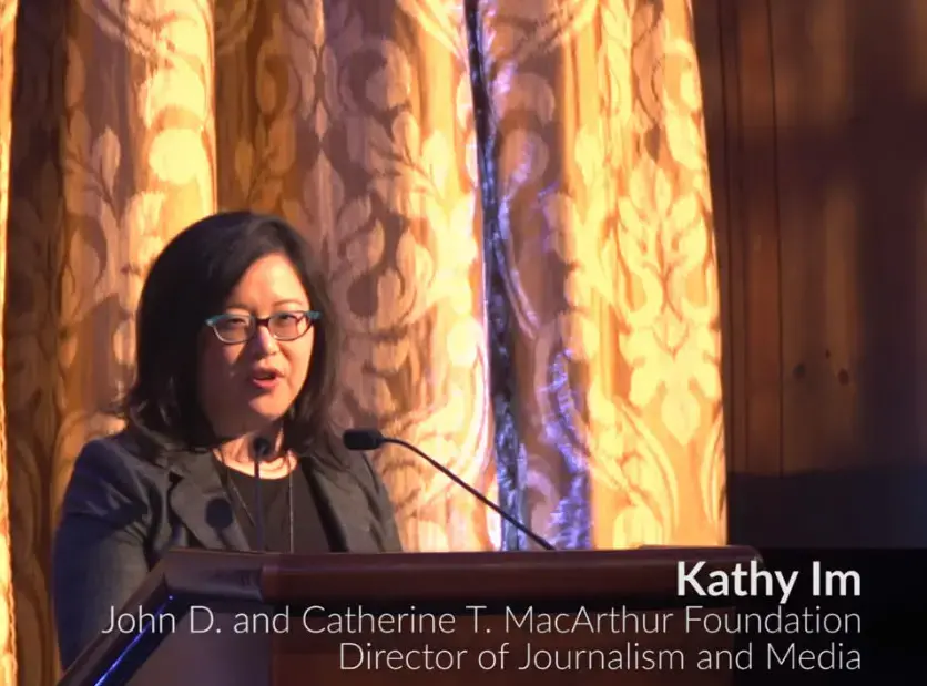 Kathy Im, the MacArthur’s Foundation's Director of Journalism and Media, speaks at the Pulitzer Center's 10th anniversary celebration. Image by Steve Sapienza. New York, 2016.