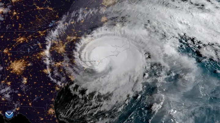 Hurricane Florence makes landfall near Wrightsville Beach at 7:15am September 14, 2018, as a Category 1 storm. The GOES East satellite captured this geocolor image of the massive storm at 7:45am ET, shortly after it moved ashore. Image by NOAA. United States, 2020. Hurricane Florence makes landfall near Wrightsville Beach at 7:15am September 14, 2018, as a Category 1 storm. The GOES East satellite captured this geocolor image of the massive storm at 7:45am ET, shortly after it moved ashore. Image by NOAA. United States, 2020.