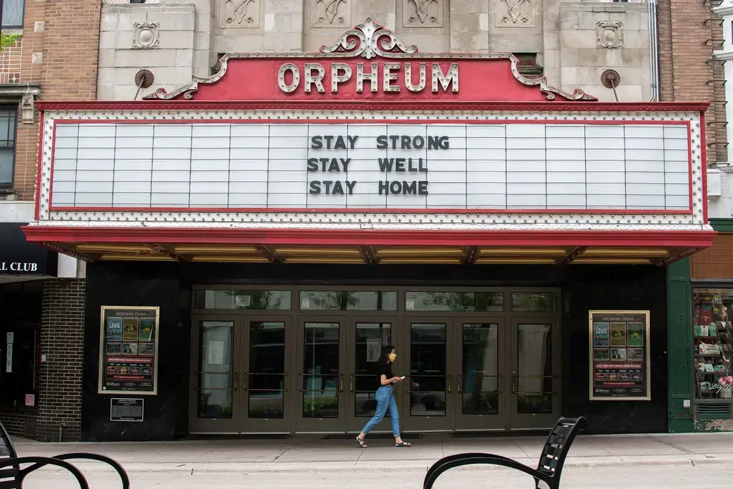 Local businesses in Madison, Wisconsin prepared to reopen on May 26, 2020. The Orpheum Theater on State. Image by Lawrence Andrea. United States, 2020. Local businesses in Madison, Wisconsin prepared to reopen on May 26, 2020. The Orpheum Theater on State. Image by Lawrence Andrea. United States, 2020.
